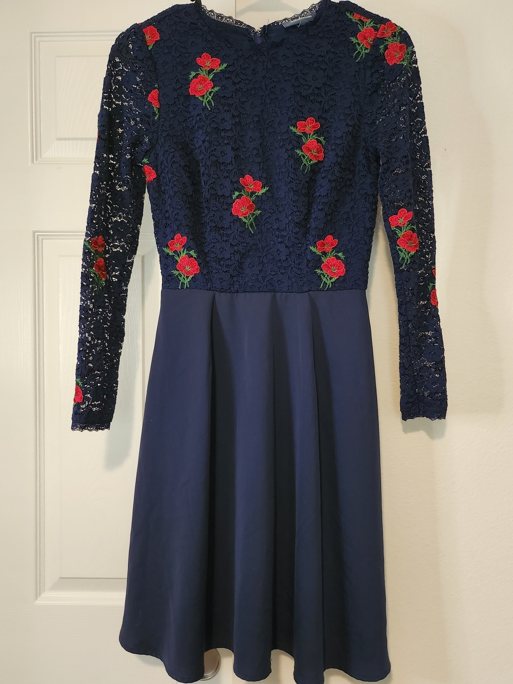 ModCloth Ready To Bloom Navy Blue Embroidered Rose Lace Fit Flare Dress